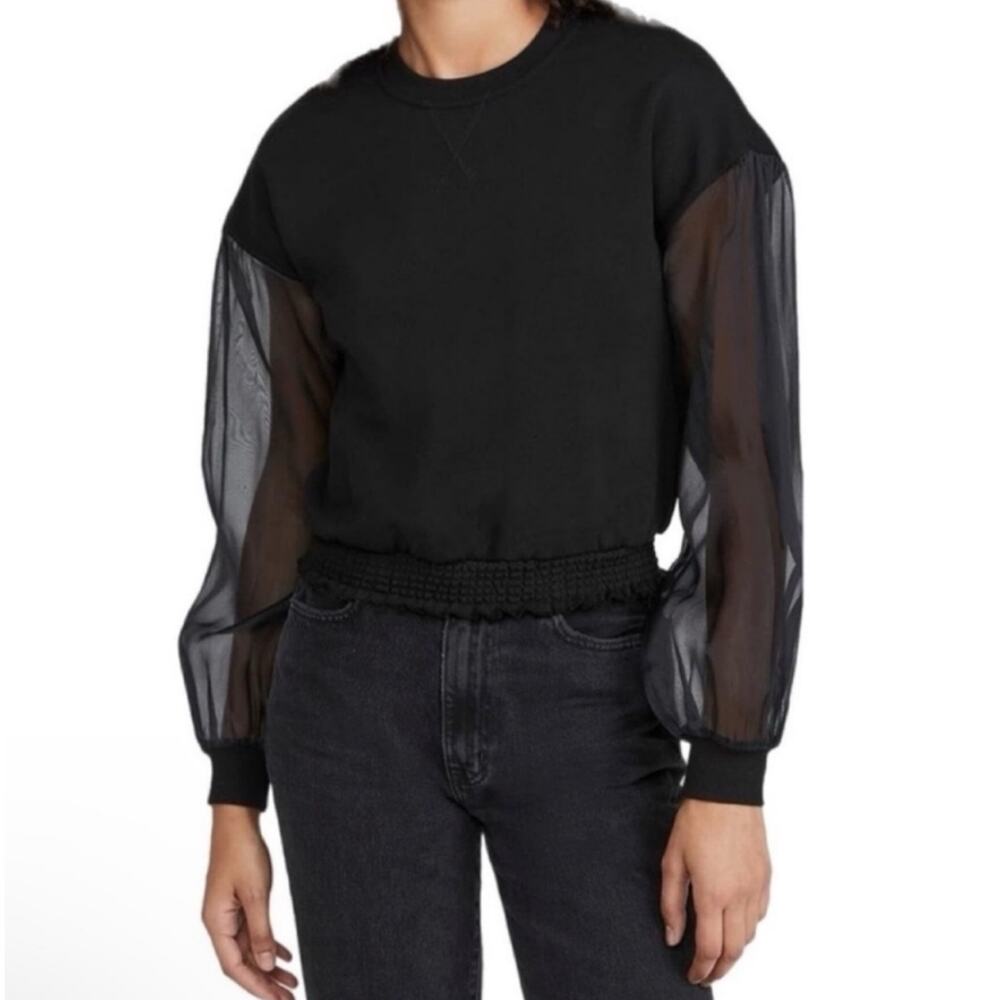 Cami NYC Valeria Black Cropped Sweatshirt Silk Organza Balloon Sleeve XS $298